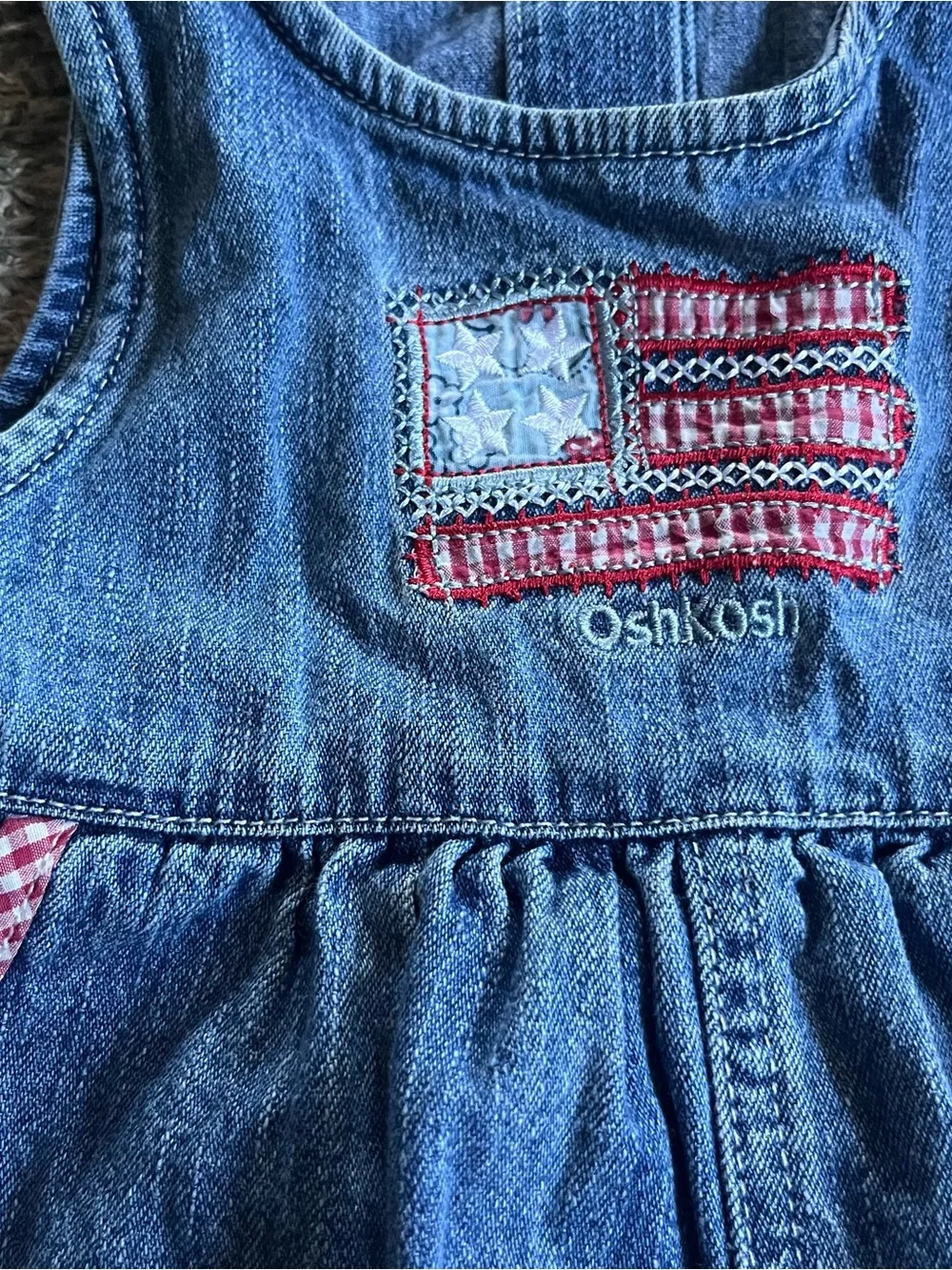 Vintage OshKosh B'Gosh Girls Denim Embroidered USA Flag Dress 4th of July 18 Mos